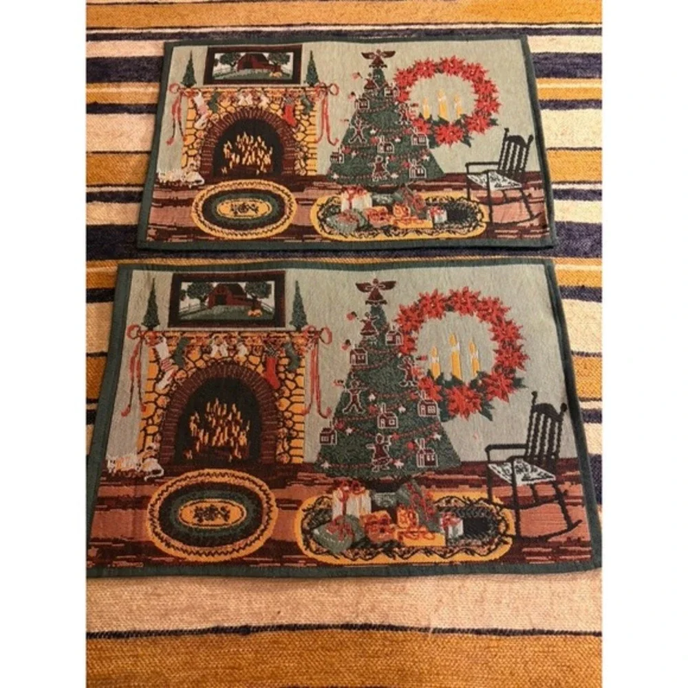 Vintage Style Christmas Tapestry Placemats Set of 2 Holiday Fireplace Tree Green
